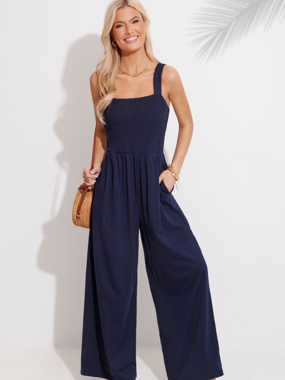 Cupshe Navy Smocked Square-Neck Wide-Leg Jumpsuit - Picture 2 of 13
